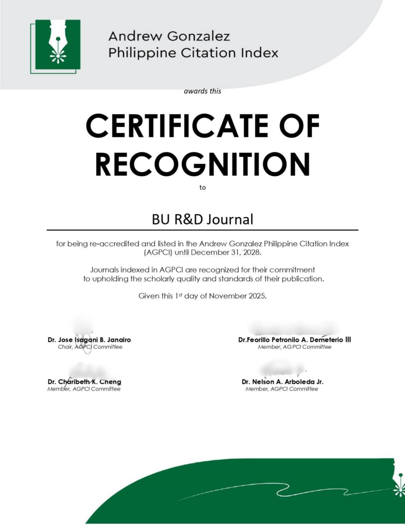 BU R&D Journal Re-Accredited and Continues Listing in AGPCI